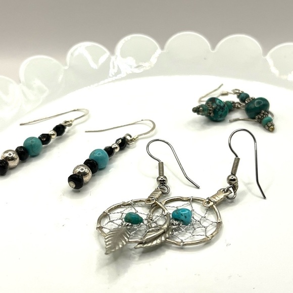 3 Pair | Silver Earrings Silver Tone |Faux  Turquoise|  Dream Catcher Earrings - Picture 10 of 11